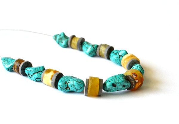 Amber Turquoise Necklace Natural Raw Stone Yellow Teal Blue Honey Gray, Earthy, Elegant Jewelry