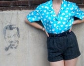80s Clouds of Love Blouse in Turquoise - S/M/L