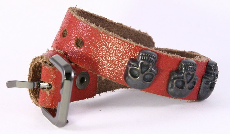 Skull Studded Genuine Leather Bracelet, Leather Cuff. B008