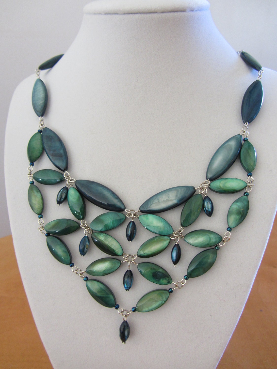 Blue and Green River Shell Statement Necklace with matching earrings - Benefits Avon Walk for Breast Cancer