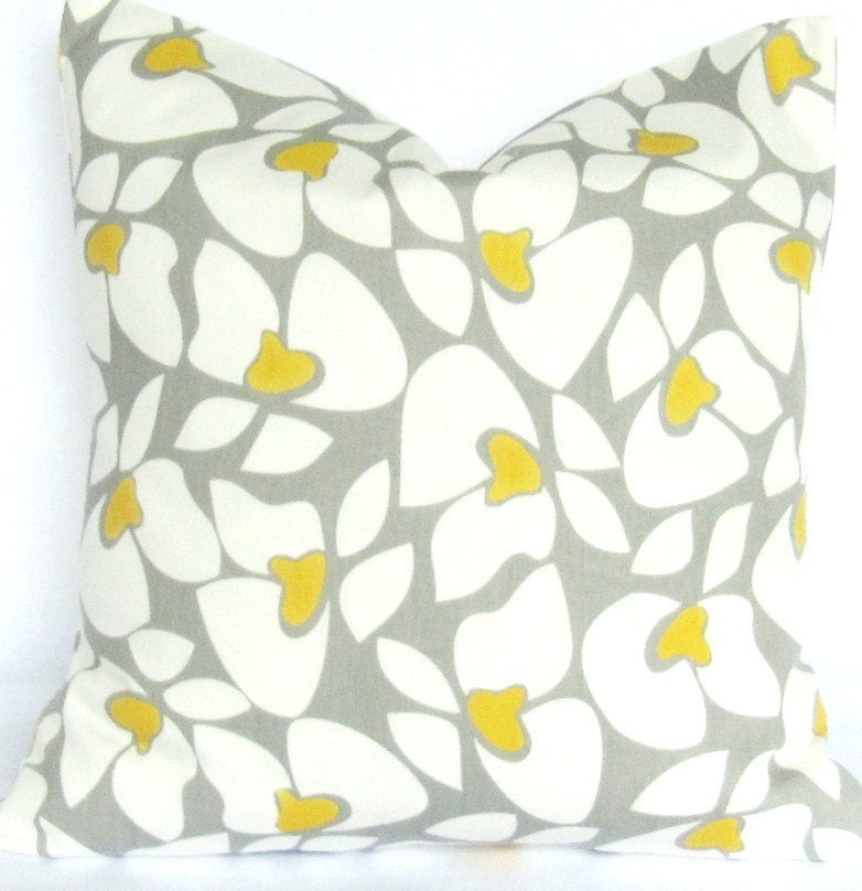 Grey Yellow Pillow Cover decorative throw 16x16 inch Helen same fabric front and back FREE SHIP