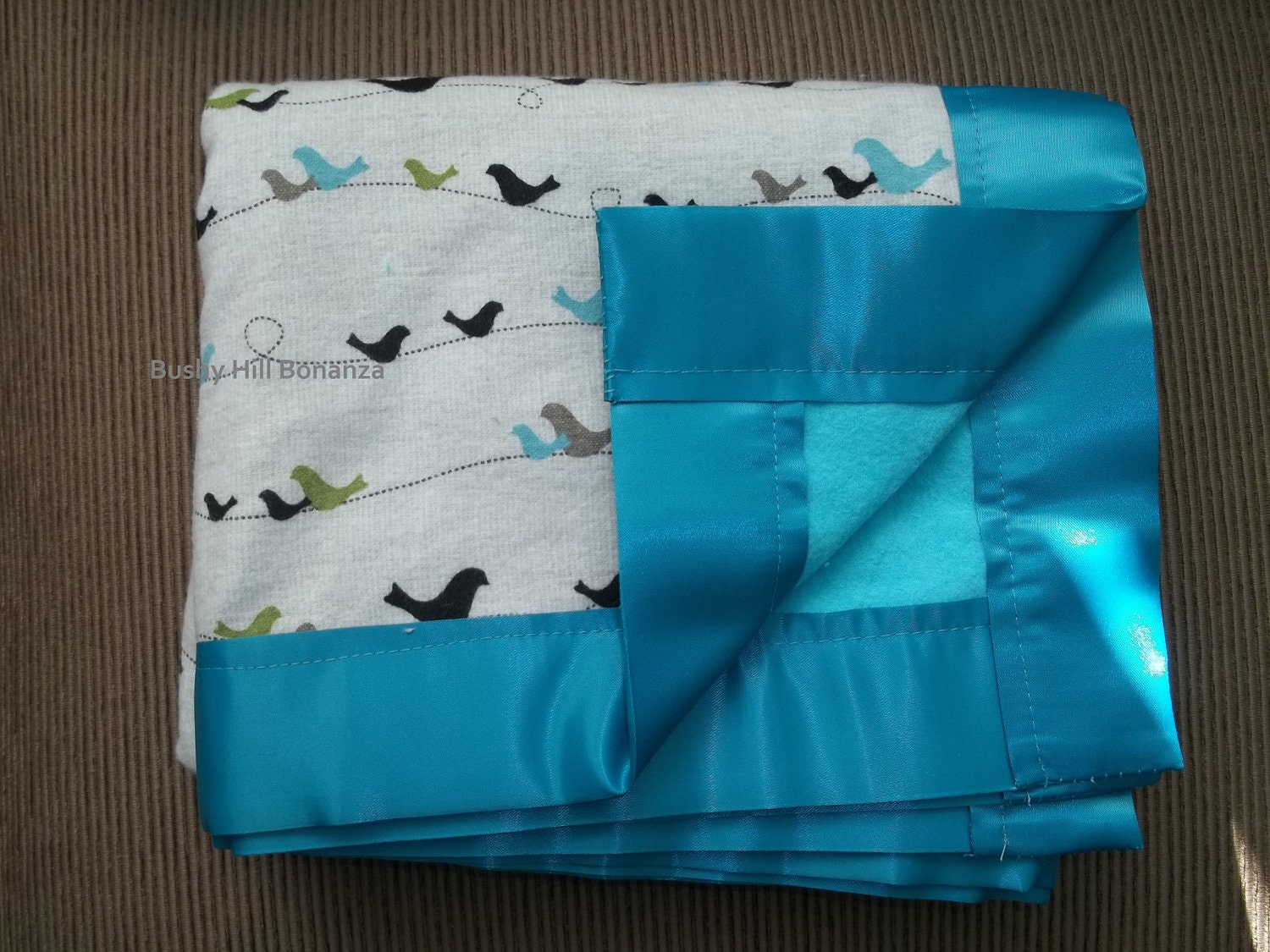 Cotton and Flannel Baby Blanket - Graphic Birds in Blue, Brown, Green, and Cream