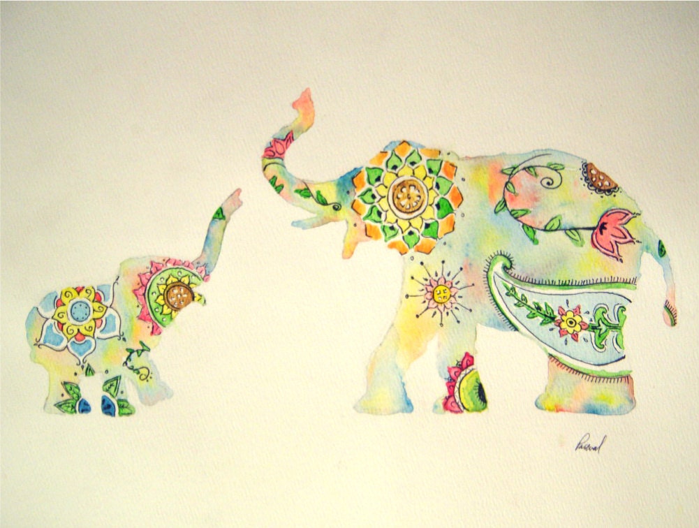 Elephant Watercolor Painting, Colorful Design Print, Indian Style Mother Baby, 11 x 14" - PascualProductions