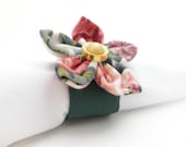 8 Floral and Green Handmade Wedding Napkin Rings w/ Vintage Style Buttons