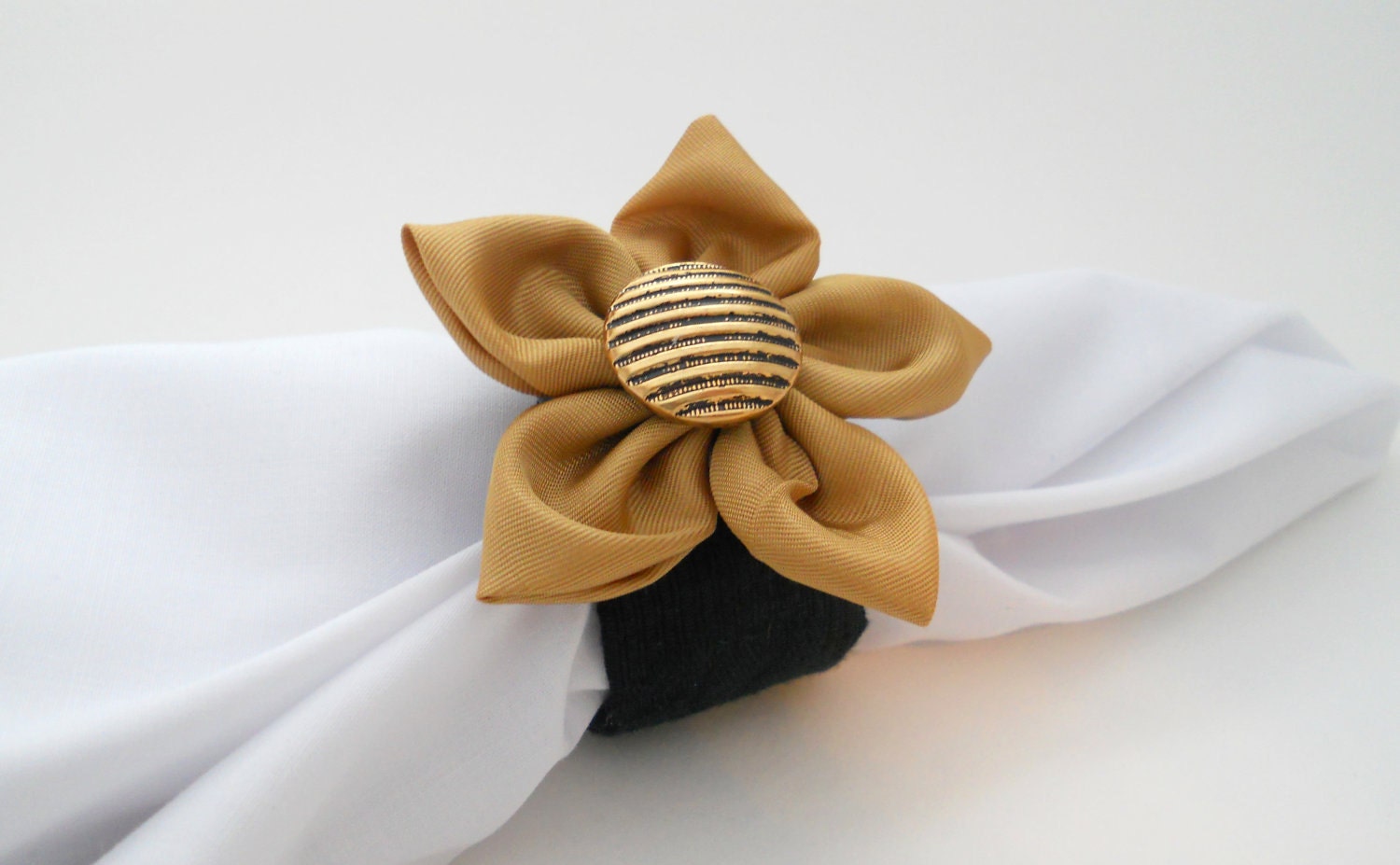8 Black & Gold Napkin Rings w/ Vintage Style Button New Orleans Inspired Wedding