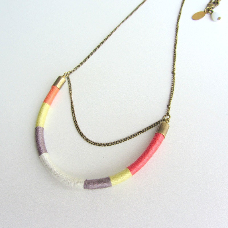 Ethnic tribal long thread necklace, antique brass chain