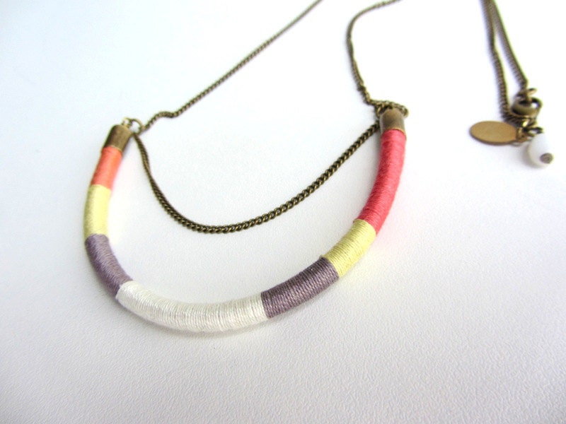 Ethnic tribal long thread necklace, antique brass chain