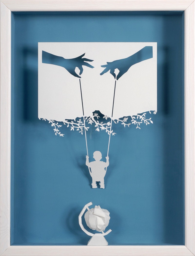 Mom, Dad, me and the world - Paper cut and paper sculpture - reproduction art card