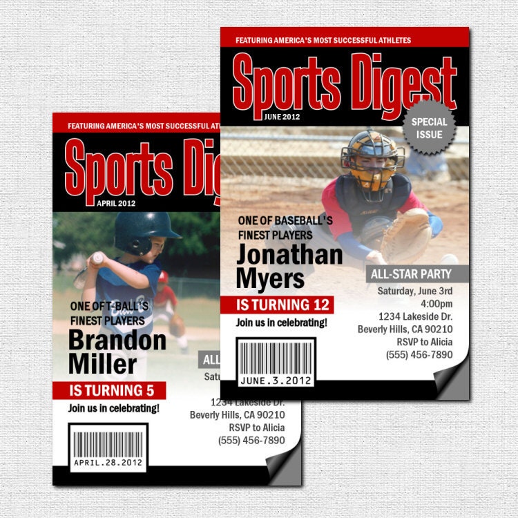 SPORTS INVITATIONS - Magazine Cover Style Birthday Party (printable) Personalized