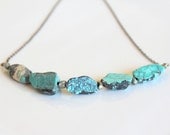 Natural BlueTurquoise slab free form stone necklace, raw rough pyrite nugget, antiqued bronze delicate chain, bar, row, aqua