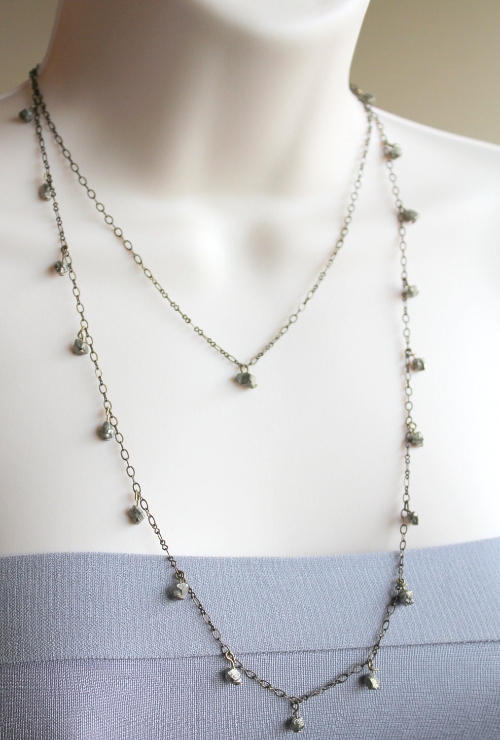 Extra Long Layering necklace, Natural rough raw pyrite nuggets, chips, dangle from figure 8 oval antiqued bronze chain, silver gold
