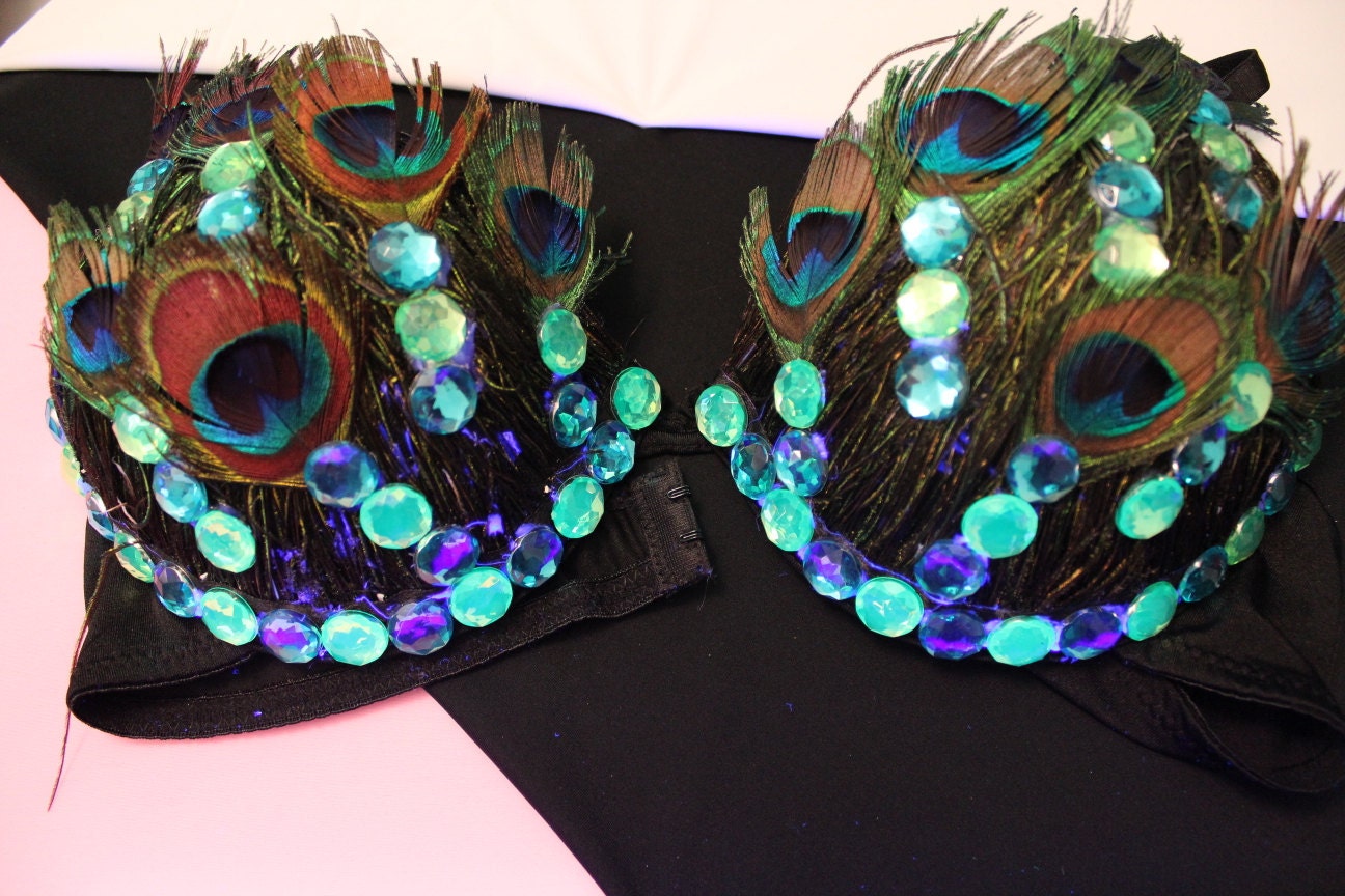 PLUS SIZE Sexy Peacock Bra decorated with peacock feathers, rhinestones for go go club dance showgirl burlesque festival carnival