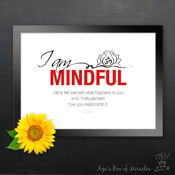 I AM MINDFUL 5x7 Inspirational Quote Print with Original Lotus Flower and Om Illustration, Inspiring Art Print (Empowering Collection)