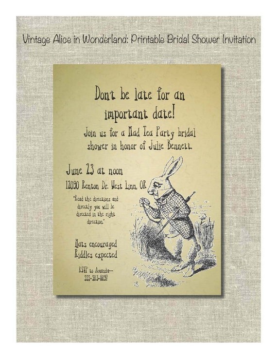 Vintage Alice in Wonderland Printable Invitation -- Birthdays, baby shower, bridal shower