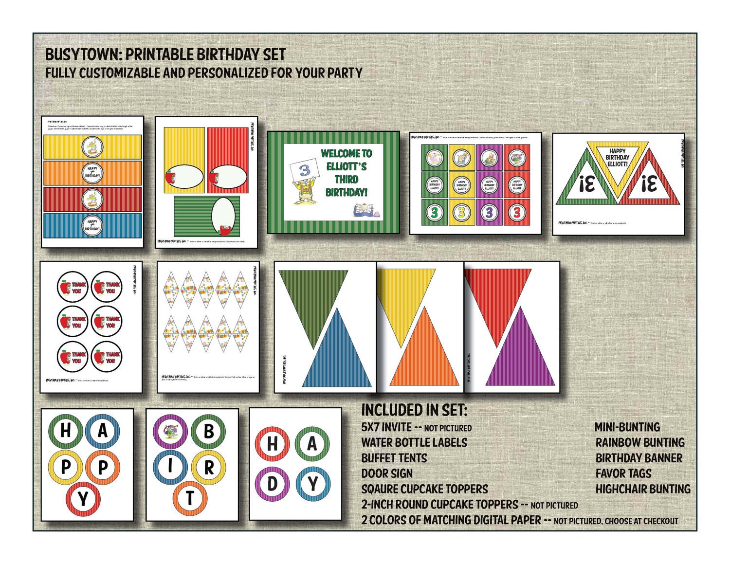 Richard Scarry's Busytown -- Printable Birthday Set -- Personalized PDFs