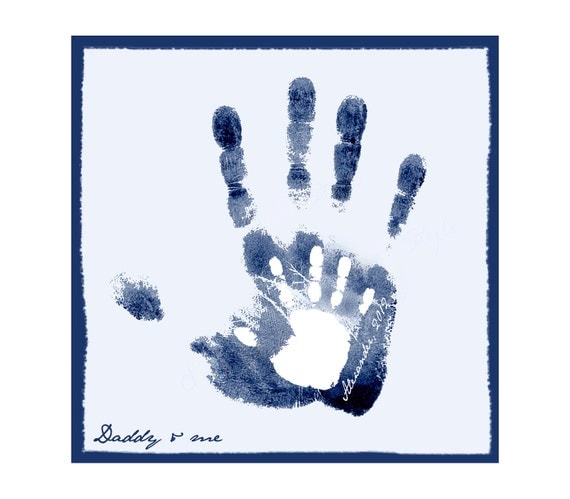 Personalized Fathers day gift- Monogrammed Handprint custom children art- blue personalized children decor- gift for new dad- last minute