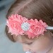 Coral Shabby Chiffon Flower Headband on Sparkle White Elastic, Newborn, Infant, Girls, and Women's Headband
