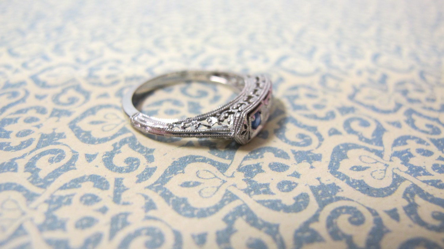 RESERVED FOR MADALYN-Vintage 14KT White Gold Filigree Blue Spinel and Diamond Wedding Band & Ring Size 6.5