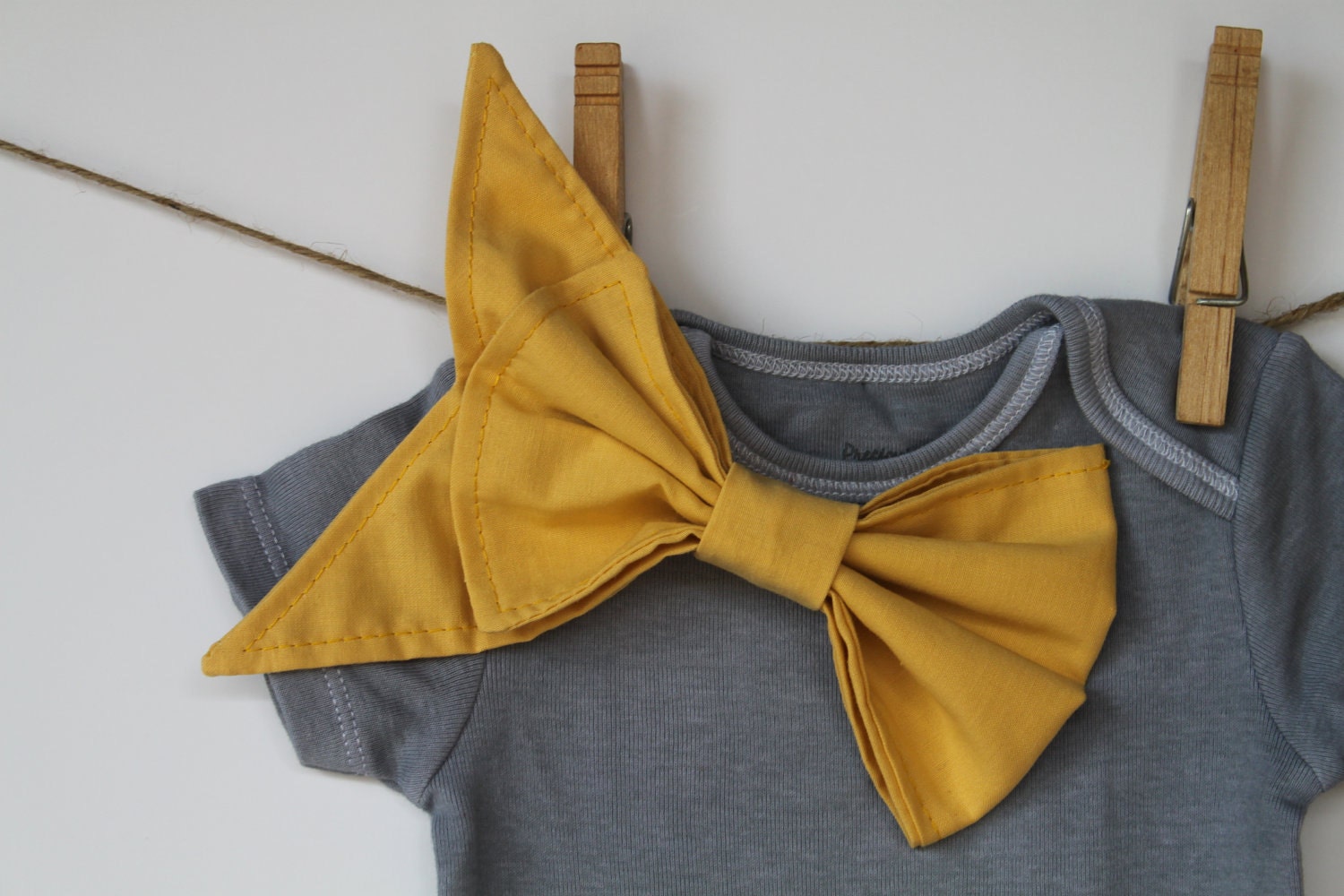 infant  baby girl onesie or toddler t shirt big bow mustard yellow and grey