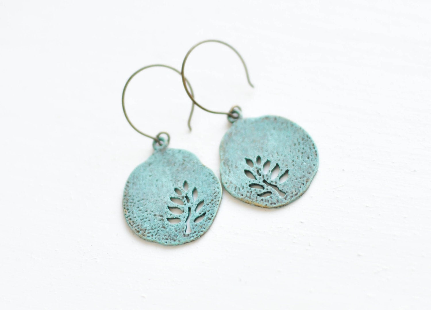 Blue round earrings with tree - patina earrings - copper ware