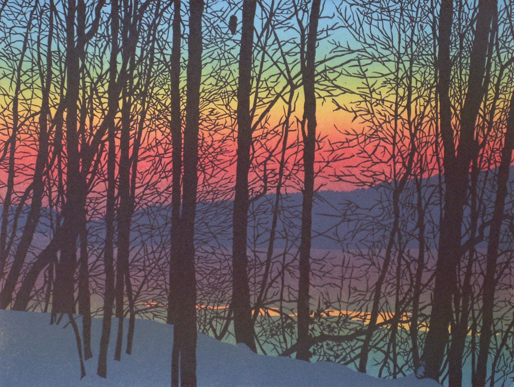 Four-color linocut print of trees and an owl silhouetted against sunset on the Connecticut River, entitled "Evensong"