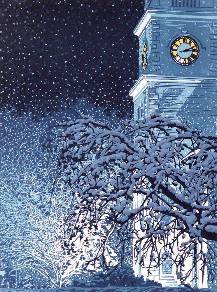 Seven-color linocut print of Centre Congregational Church in Brattleboro, Vermont at night in the snow, entitled "Illumination"
