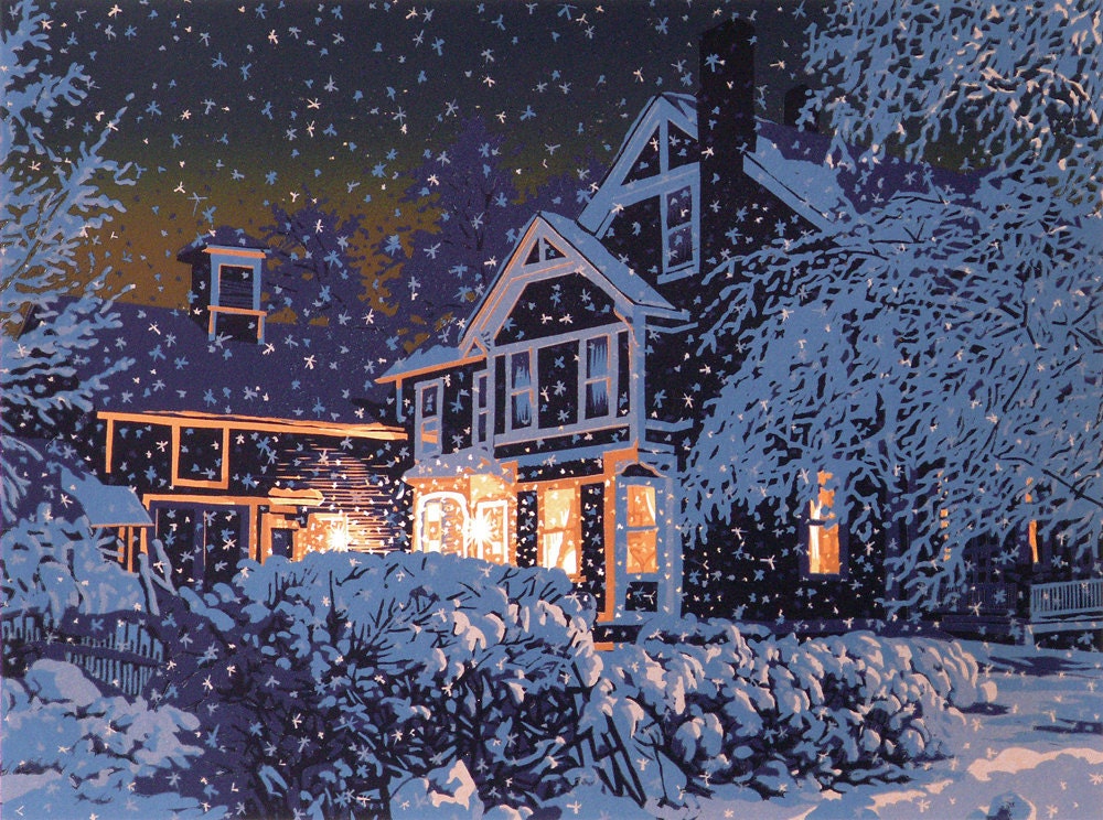 Nine-color linocut print of a Vermont house in falling snow at night, entitled "Quiet Night"