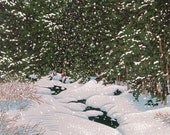 Eight-color linocut print of a cawing crow flying through a clearing on a snowy day, entitled "Snowy Caw"