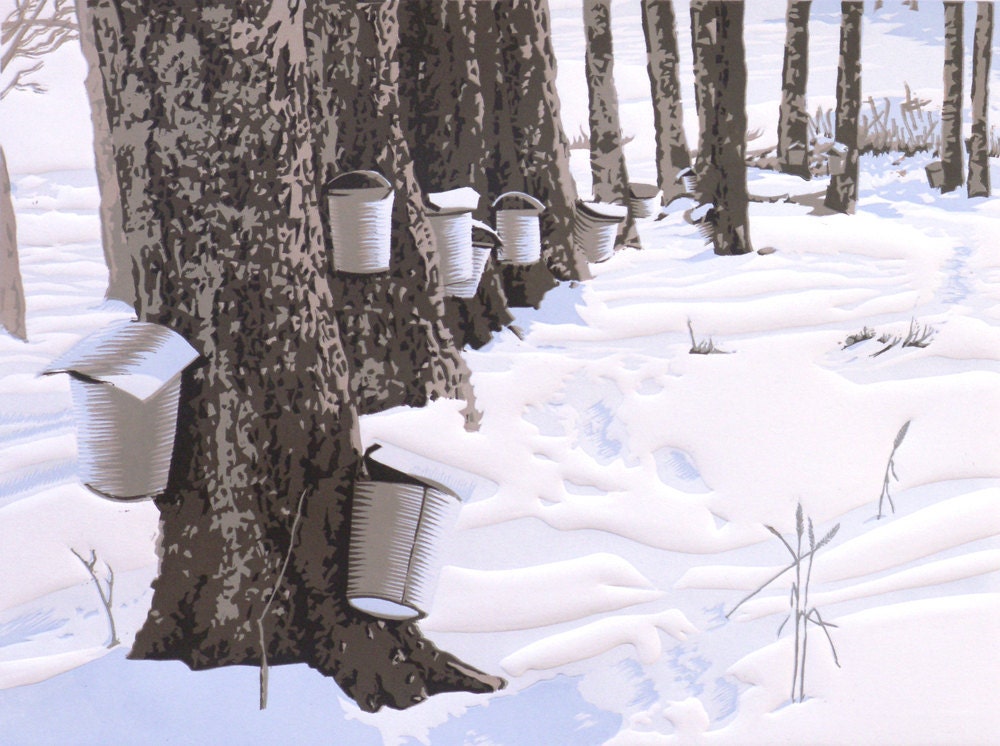 Six-color embossed linocut print of maple sap gathering buckets in spring, entitled "Sugaring Season"