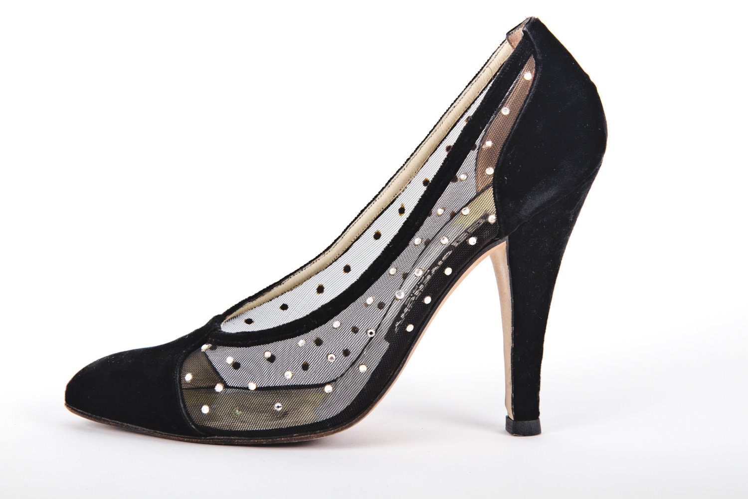 REDUCED was 275 now 225 gorgeous vintage showgirl 1980s GIVENCHY mesh velvet rhinestone diamante heels