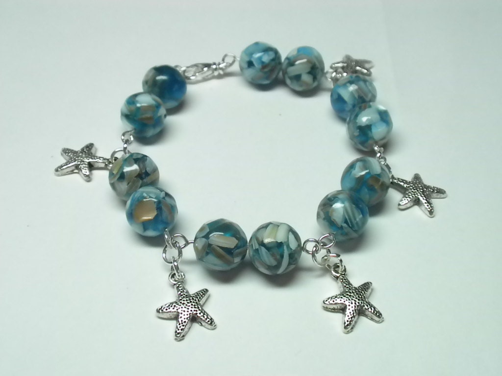 Starfish Charm Bracelet with Large Blue Beads