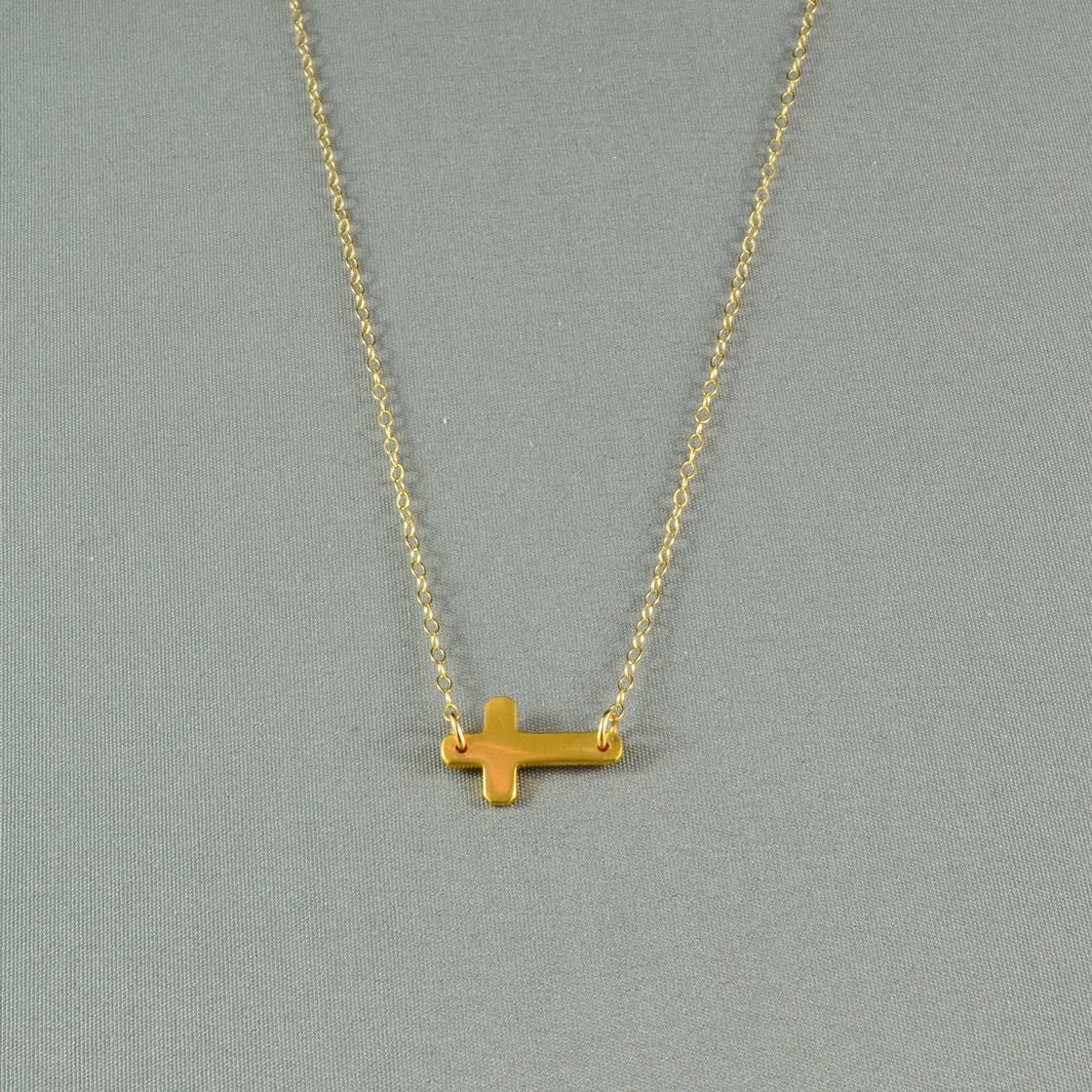 Sideways Cross Necklace, 24K Gold Vermeil, 14K Gold Filled Chain, Simple, Delicate, Everyday Wear Jewelry