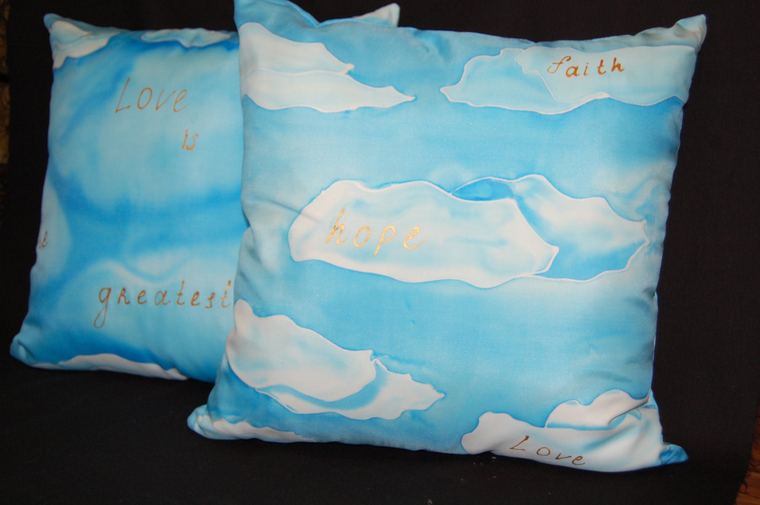 Free shipping.Hand painted silk  pillows: Faith, Hope, Love, blue skye, white clouds.18"x18" size.Inserts are incvluded.