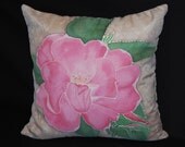 Hand painted silk sham with a pillow insert.Size is 16"x16". Knock out rose with green leaves. Zipper closure.