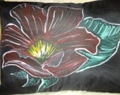 A pair of  hand painted pillows . Habotai silk. Red flowers with green leaves on black background.Size is 16"x20".Zipper closure.