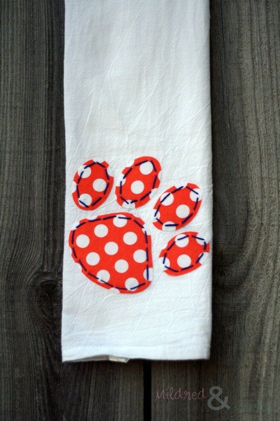 Hand Appliqued Stitched Auburn Tea Towel Paw Print