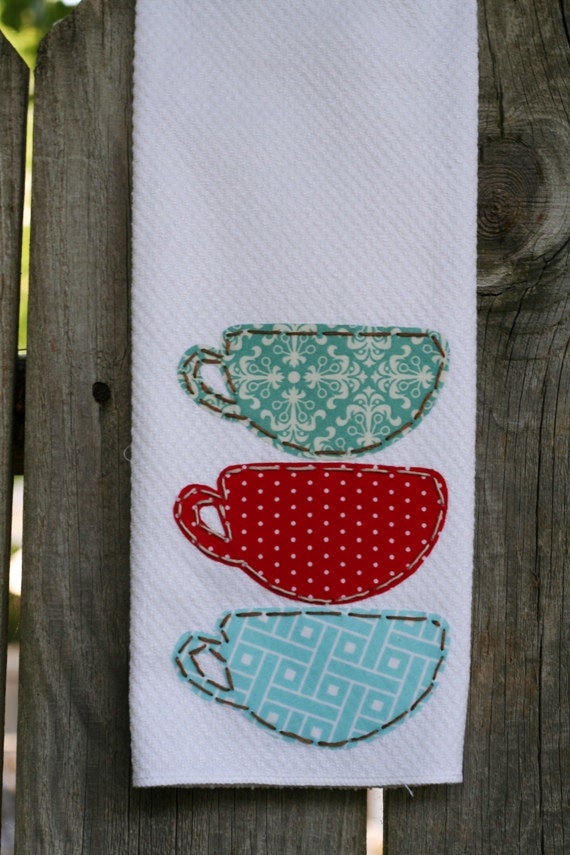 Hand Appliqued Tea Cups Tea Towel