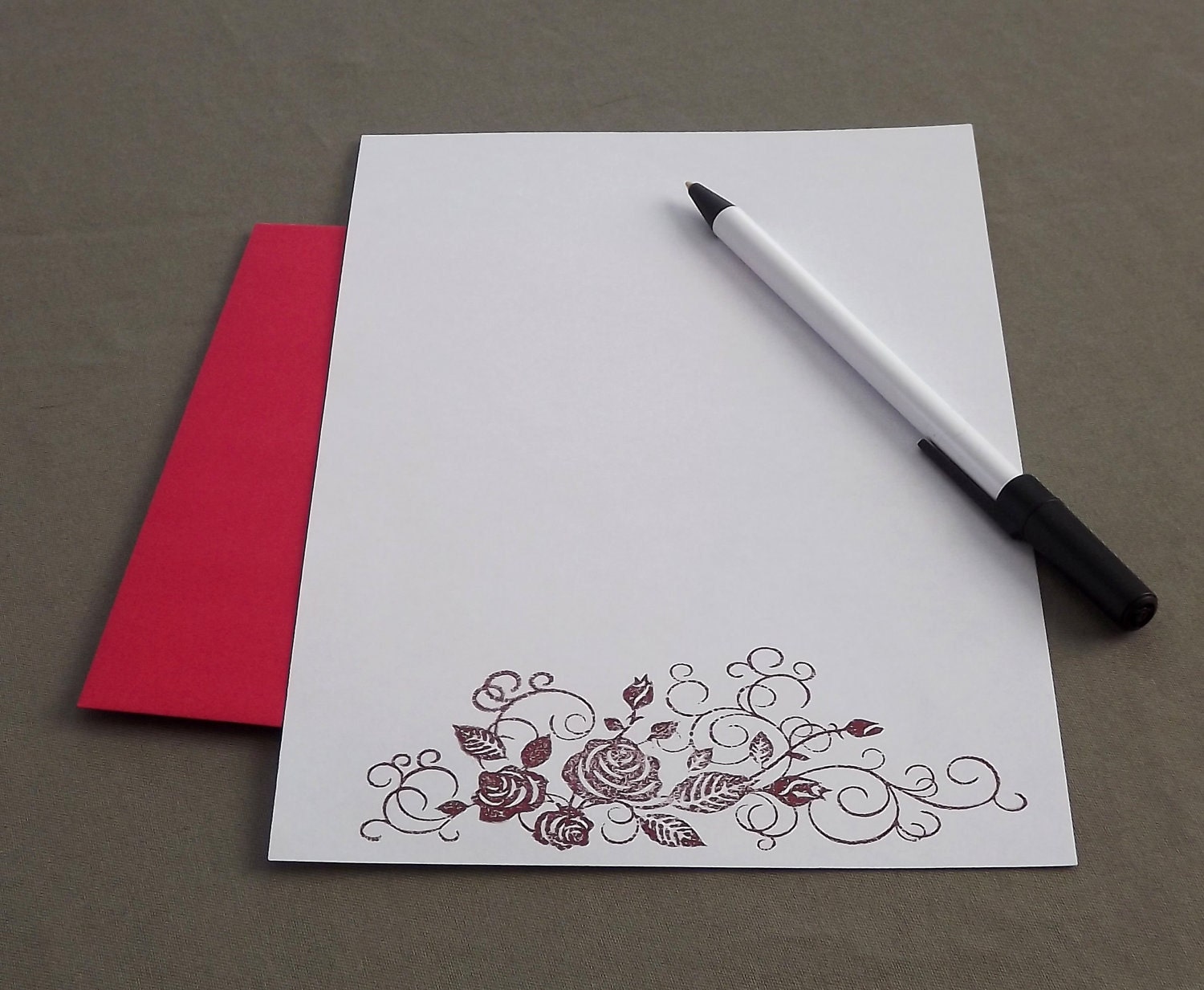 Red Rose Hand Stamped Stationery with Red Handmade A2 Envelopes