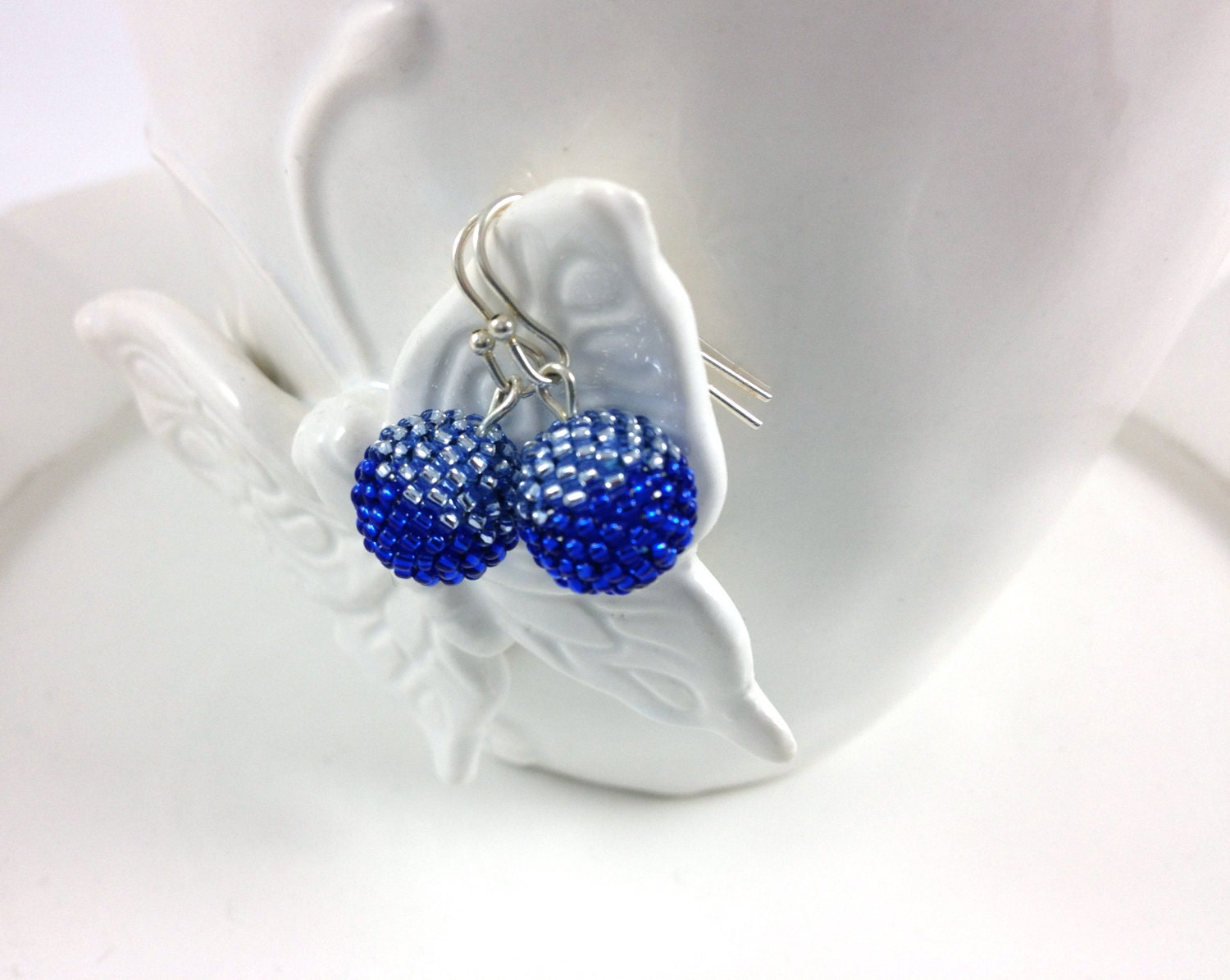 Beaded Royal Blue and Silver Light Sapphire Two Tone Dangle Earring