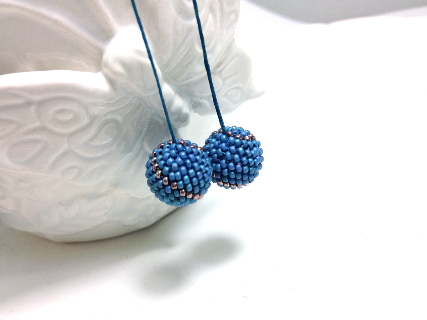 Blue Gray Matte Metallic Iris Beaded Bead with Copper Gold Line Pattern Dangle Earrings