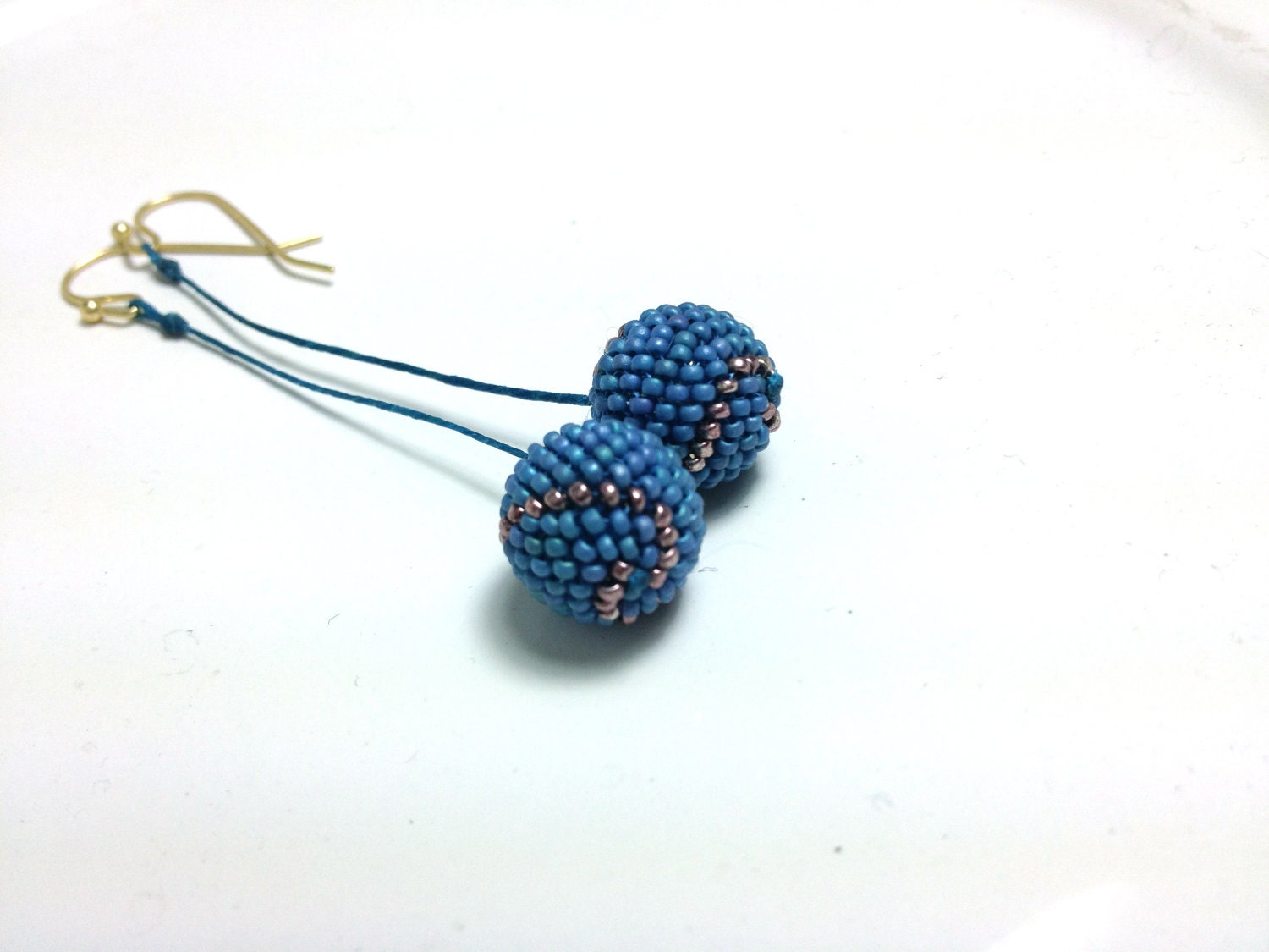 Blue Gray Matte Metallic Iris Beaded Bead with Copper Gold Line Pattern Dangle Earrings