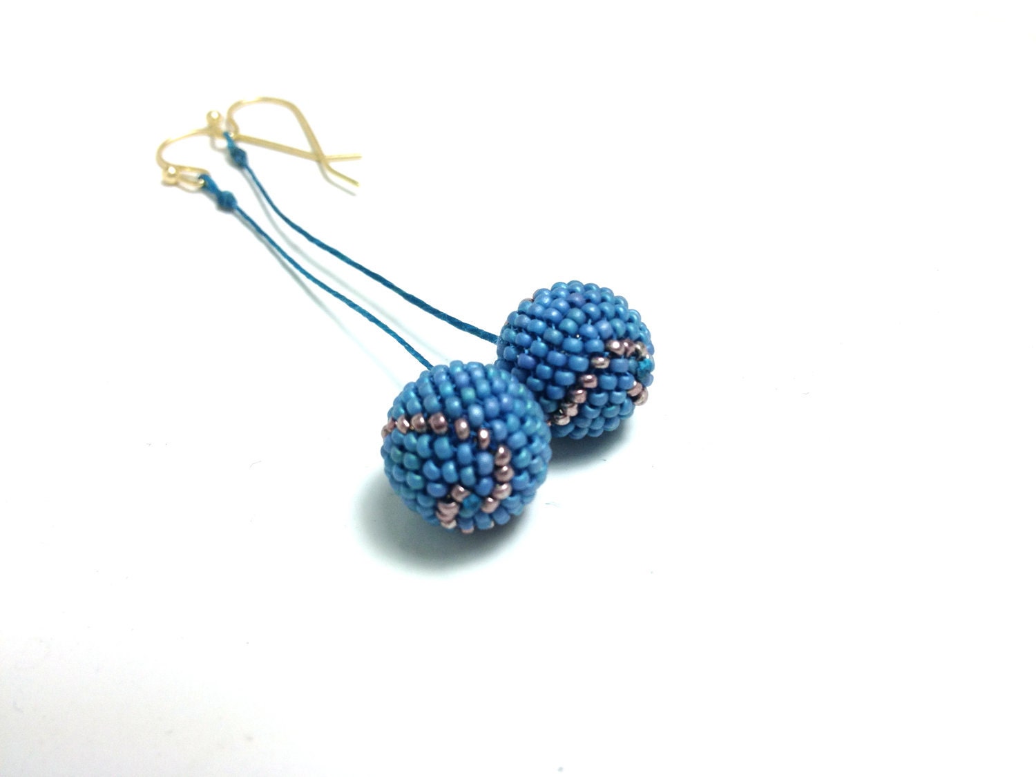 Blue Gray Matte Metallic Iris Beaded Bead with Copper Gold Line Pattern Dangle Earrings