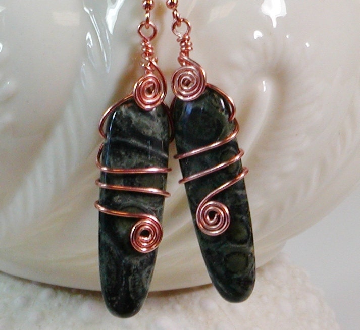 Wire Wrapped Earrings, Stone Earrings, Dangle Earrings, Green Wire Wrapped Earrings