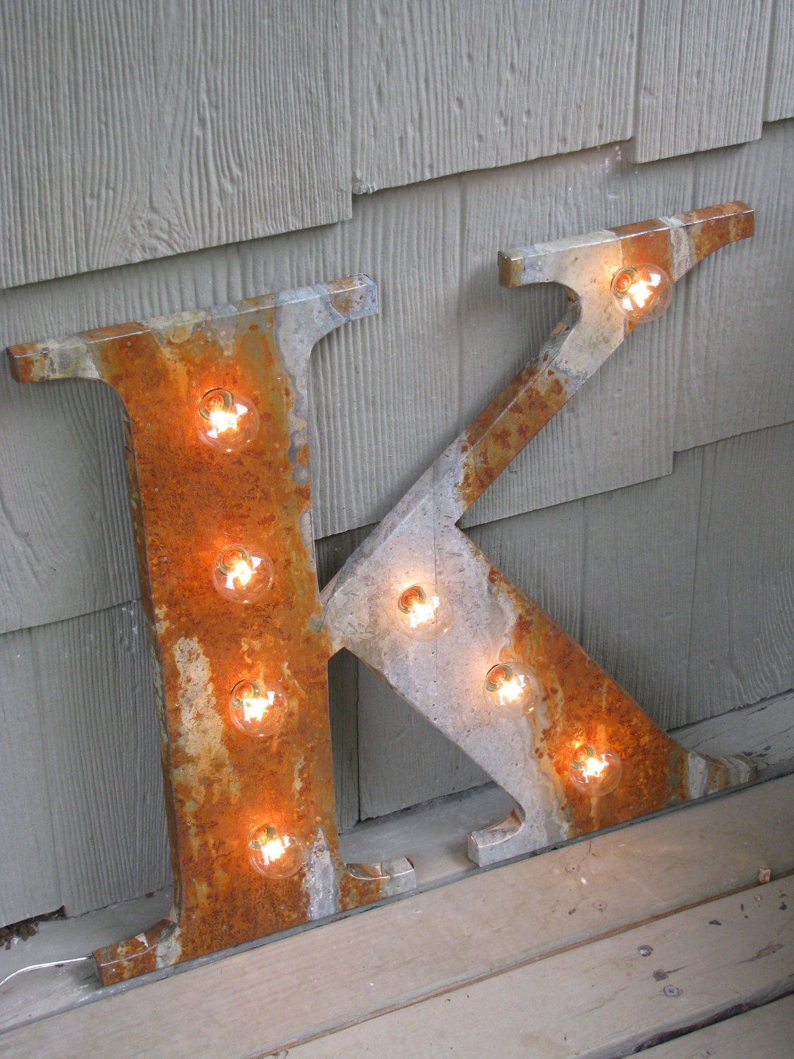 24" Rusted metal letter, light, distressed, wedding, vintage chic, decor