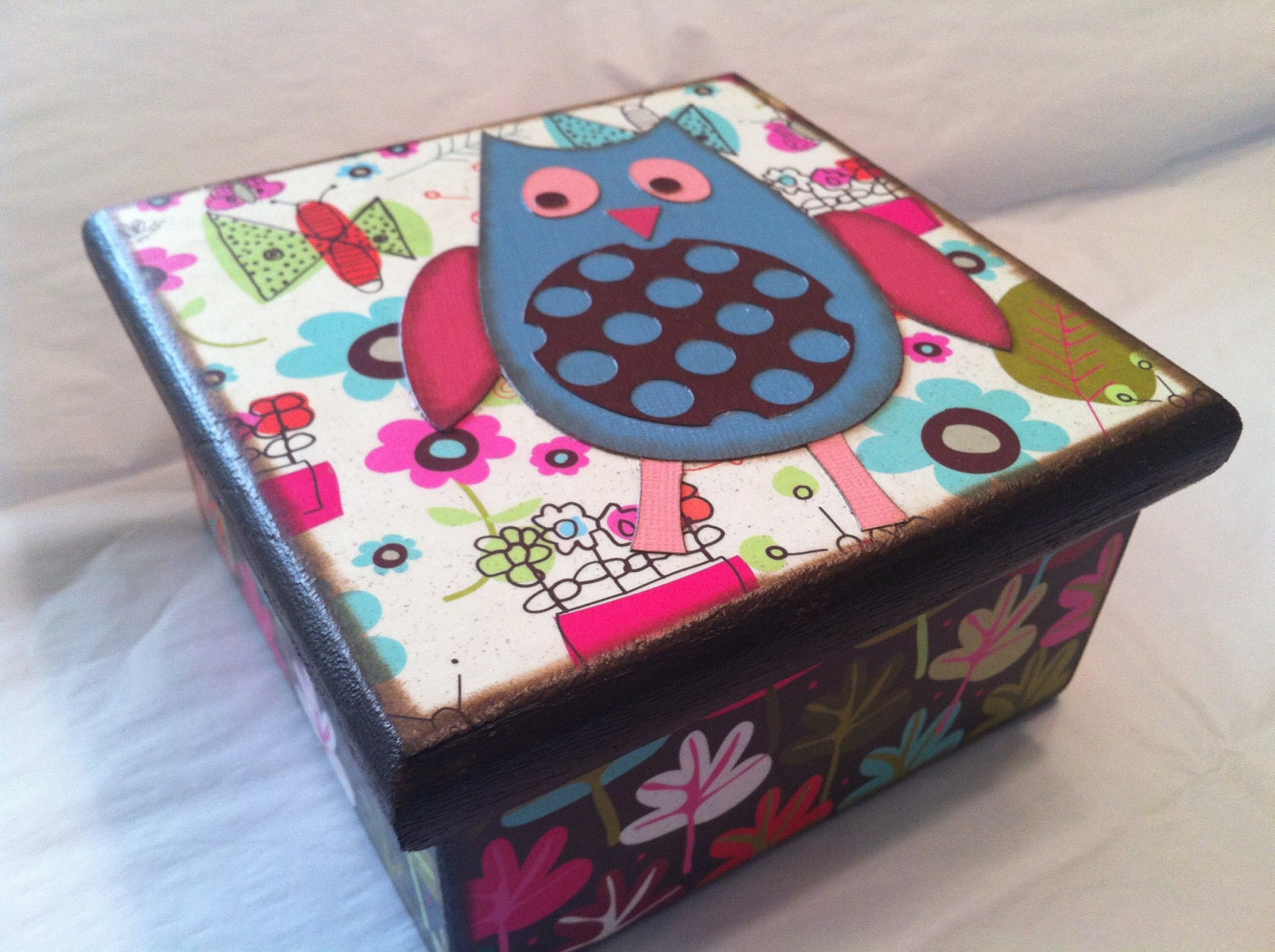 Whimsical Owl Keepsake Wood Box, decoupaged one of a kind