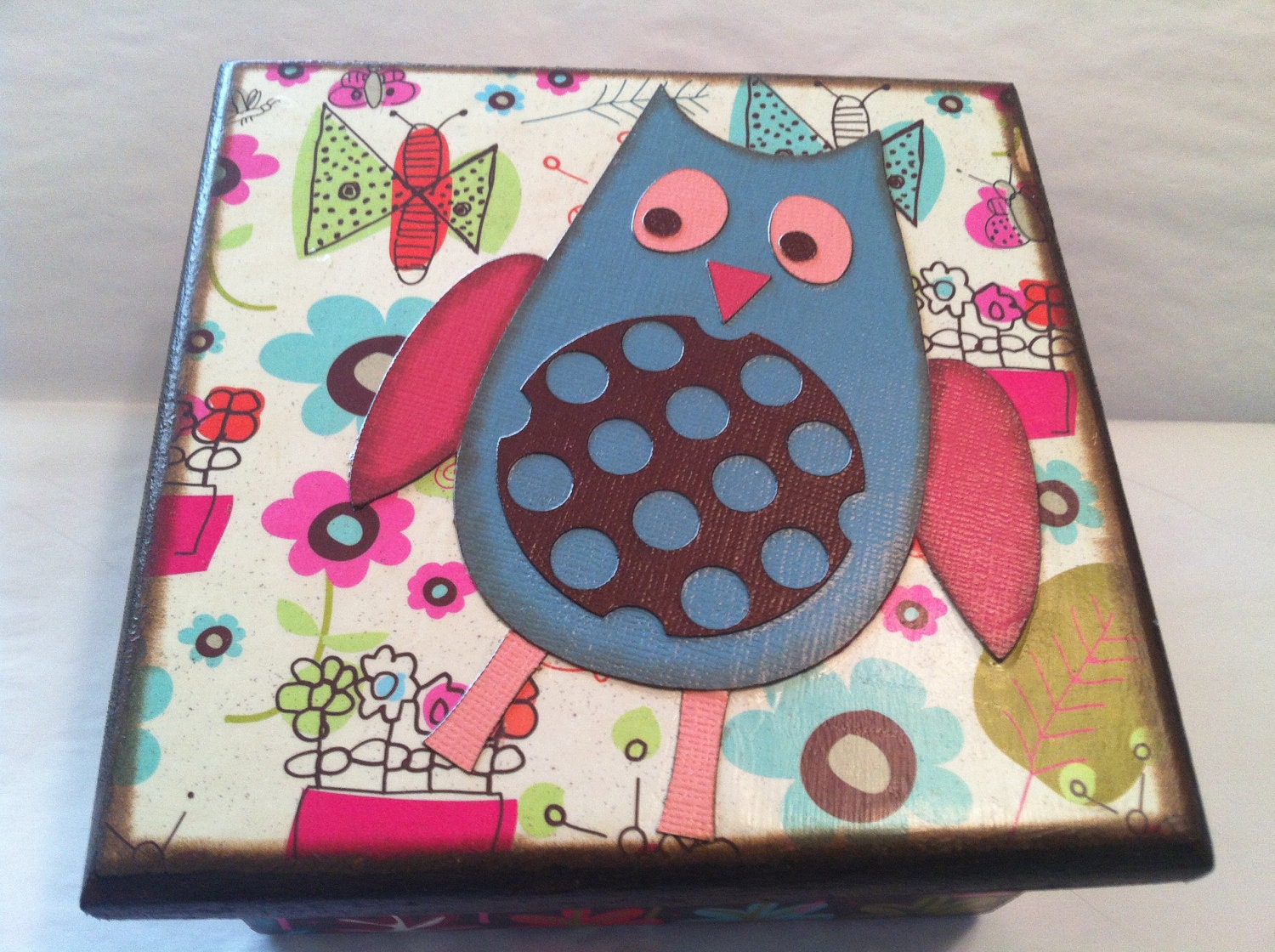 Whimsical Owl Keepsake Wood Box, decoupaged one of a kind