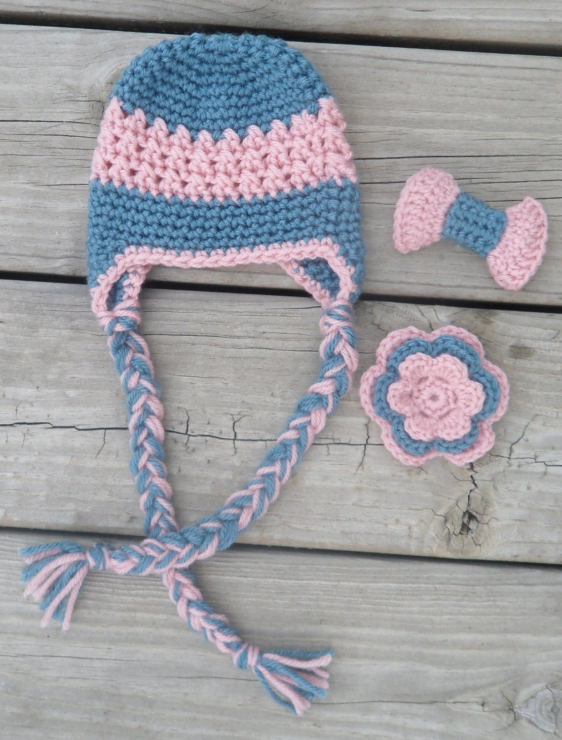 Handmade Newborn Earflap Crochet Hat/ Photo Prop with Two Interchangeable Barrette Embellishments- Ready to Ship
