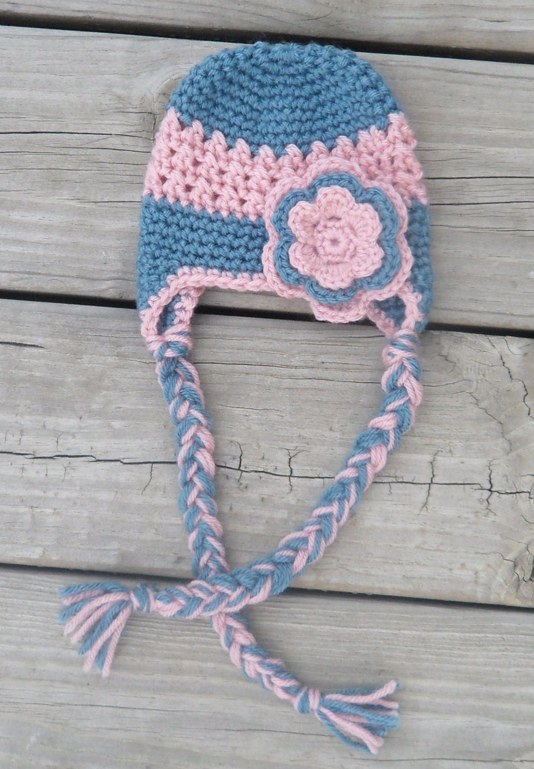 Handmade Newborn Earflap Crochet Hat/ Photo Prop with Two Interchangeable Barrette Embellishments- Ready to Ship