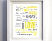 You Are My Sunshine Poster, original lyrics song, Baby Birthday Gift Baby Shower Gift, size 8x10
