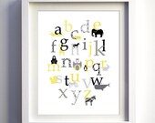 Baby nursery wall decor, Retro Animal Alphabet in gray yellow black colors and patterns, 8x10